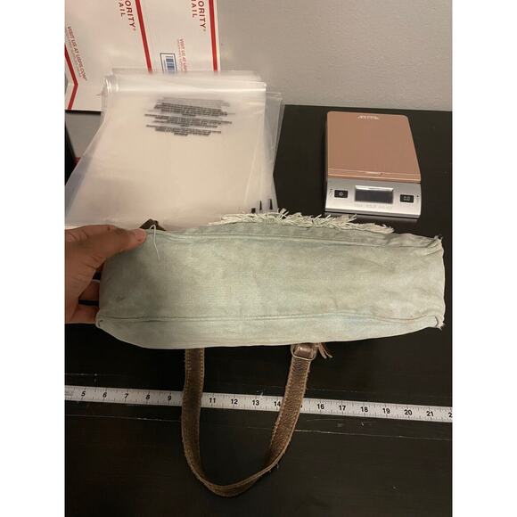 Myra Bag Crossbody Shoulder Purse Turquoise Canvas Texas Fringe Western READ - Picture 10 of 14